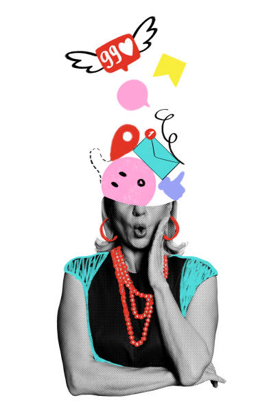 istock Conceptual art design. Woman with surprised expression, wearing red beads, with speech bubbles, location pin, and message icons emerging from head. 2198530320