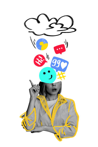 istock Conceptual art design. Thoughtful woman in yellow-lined jacket, pointing upward, with cloud, reaction icons, and social elements swirling above head. 2198530332
