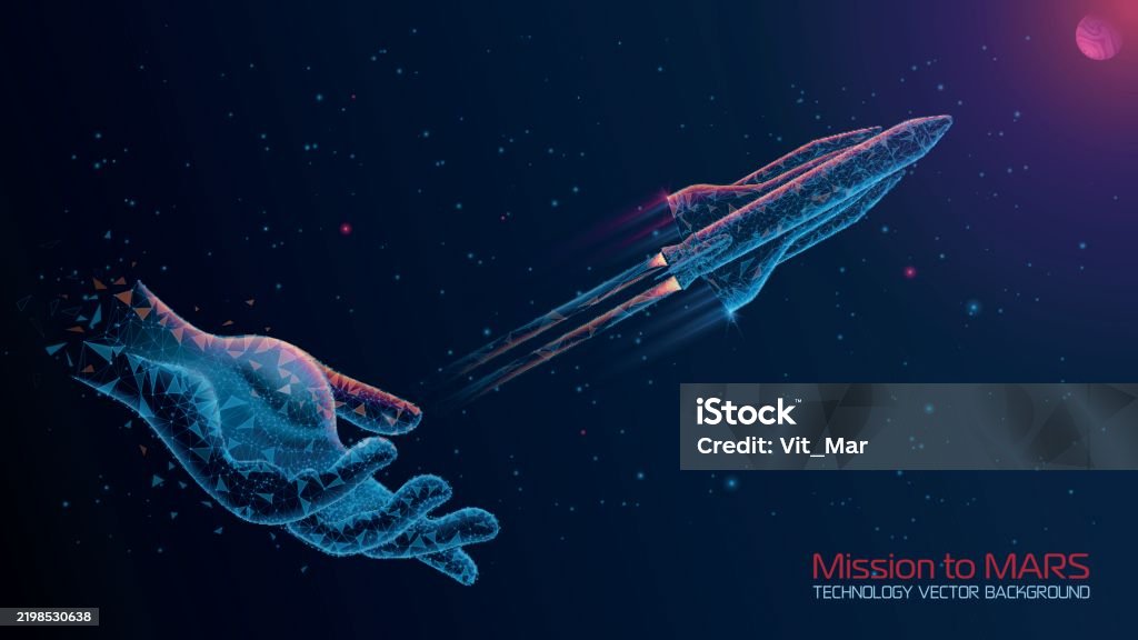 Vector illustration. Polygonal style. Technological abstract futuristic dark blue background. Human hand launches space satellite to planet Mars. Glow effect. Future, technology and innovation. Rocketship stock vector Vector illustration. Polygonal style. Technological abstract futuristic dark blue background. Human hand launches space satellite to planet Mars. Glow effect. Future, technology and innovation. Rocketship stock vector