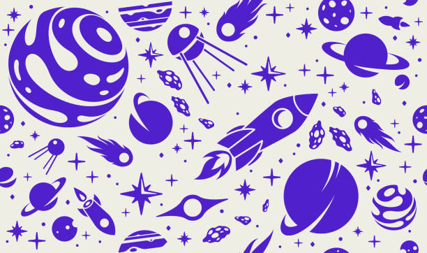 Exploring space seamless background, vector cartoon rockets flying among planets and stars endless wallpaper, astronomy school education for children tiling pattern. Exploring space seamless background, vector cartoon rockets flying among planets and stars endless wallpaper, astronomy school education for children tiling pattern. universe stock illustrations