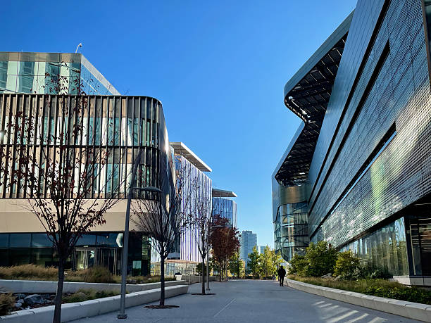 Sleek modern buildings on Roosevelt Island (New York, New York, USA) stock photo