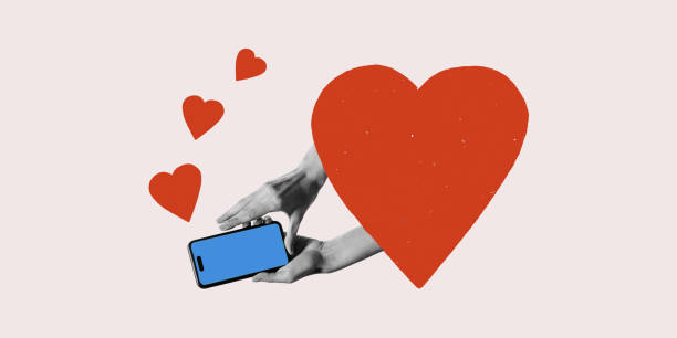 istock Contemporary artwork. Hands holding smartphone with floating hearts representing digital love, social engagement, and online appreciation. 2198536141