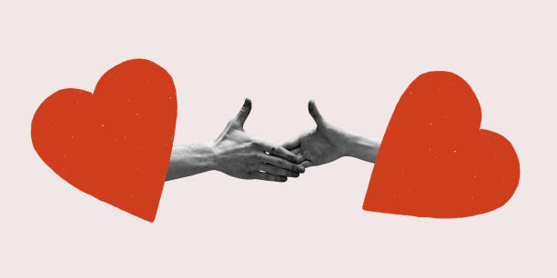 istock Contemporary artwork. Hands shaking between two red hearts symbolizing digital friendship, virtual trust, and online support. 2198536159
