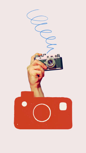 istock Conceptual art design. Hand holding vintage camera with abstract red camera shape symbolizing digital photography and content creation. 2198536165