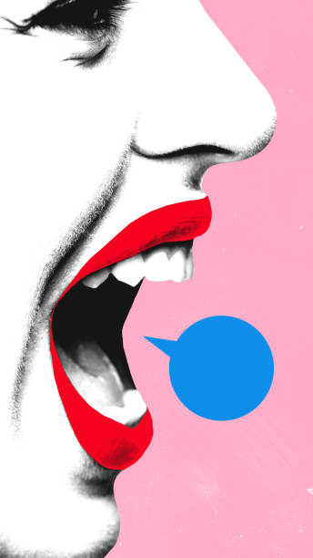 istock Contemporary art collage. Close-up of vibrant red lips speaking into bold blue speech bubble, emphasizing power of conversation. 2198537257
