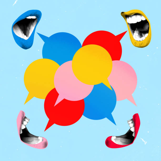 Contemporary art collage. Vibrant speech bubbles interconnect as colorful lips express ideas, symbolizing creative exchange on light blue background. Concept of communication, teamwork, feedback. Ad