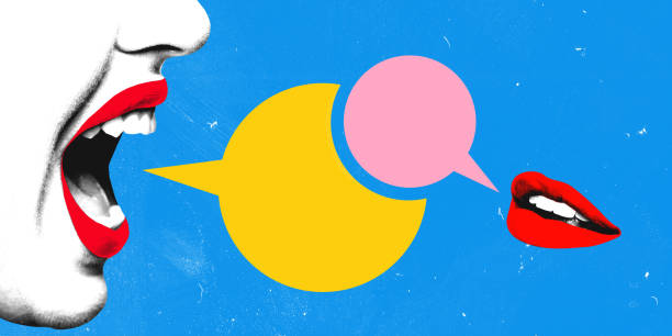 istock Contemporary art collage. Two red lips engage in dialogue through overlapping speech bubbles, symbolizing dynamic exchange, persuasive communication. 2198537278