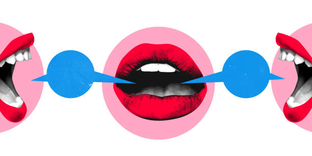 Various lips forming grid of speech bubbles illustrate diversity of voices, opinions, and conversations in digital media. Concept of online communication, freedom of speech, diversity of opinion