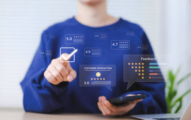 istock Customer satisfaction rating and feedback concept. Woman interacting with digital customer satisfaction survey, high quality service and customer feedback. user experience, review, service excellent, 2198542806
