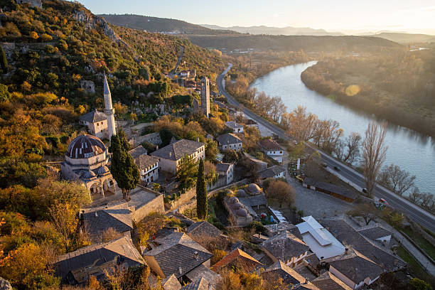 istock Historic Village and River Views at Golden Hour 2198544498