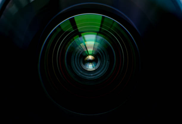 Close-up shot of camera lens with light reflections close-up, copy space for your text.
