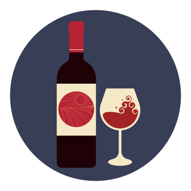 Red wine bottle with wine splash in a glass Red wine bottle with wine splash in a glass. Wine tasting set wine bar counter stock illustrations