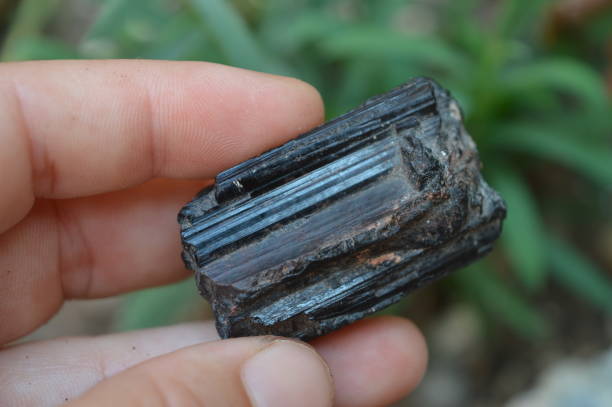 istock Black tourmaline mineral on the garden 2198547828
