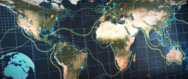 istock Virtual reality strategic world map with digital infographics overlay, pinned locations and sea routes 2198548472