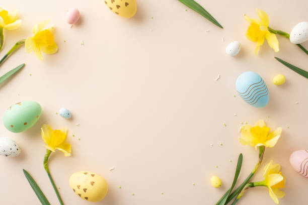 Easter-themed flat lay featuring colorful painted eggs and bright daffodils arranged on a soft pastel surface, creating a festive and cheerful holiday vibe