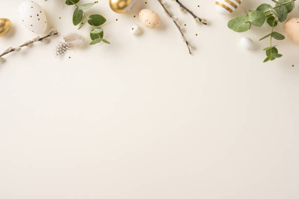 istock Easter decoration featuring holiday elements such as eggs, leaves, and branches for festive settings 2198550808