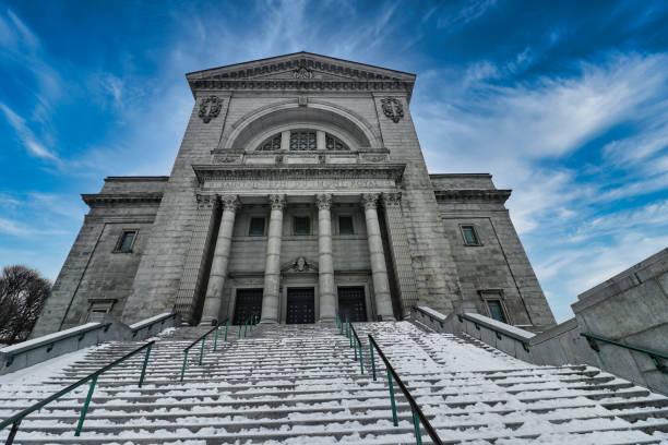 Magnificent Renaissance revival façade of the Saint Joseph's Oratory of Mount Royal,constructed in 1904 and largest church in Canada in a winter setting in Montreal,Quebec,Canada