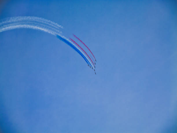 Morlaix, France - Sep 15 2024: The Patrouille de France flying over Morlaix in Brittany in northern France. Taken on a sunny day in summer.