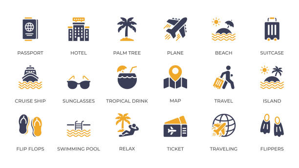 ilustraciones, imágenes clip art, dibujos animados e iconos de stock de un completo conjunto de iconos de vacaciones perfectamente diseñado para todos los entusiastas de los viajes y aventureros - lugar turístico