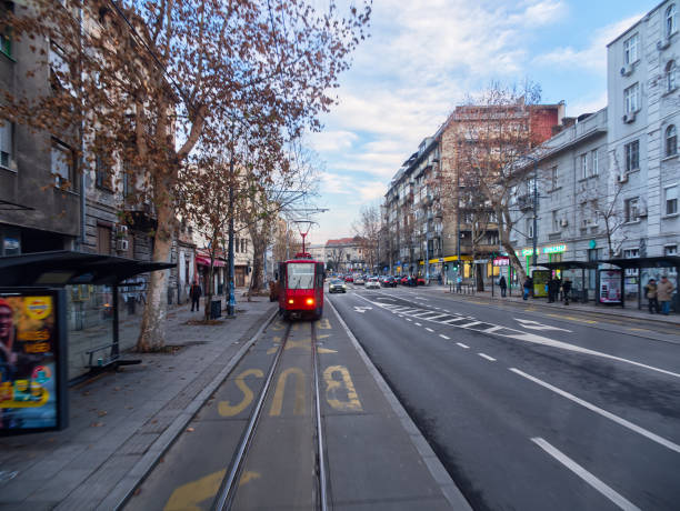Belgrade, Serbia - January 11, 2025: Wide city street with tram, buildings, and bare trees on a cloudy day in Europe