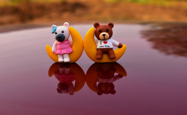 Two cute bear placed on reflective red base with couple relationship in concept.