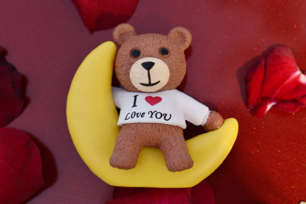 A Teddy bear placed over a red background with rose petals.