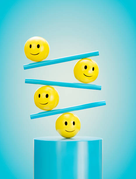 A digitally generated image featuring multiple emojis with smiley face carefully balanced on a podium, symbolizing stability, positivity, and emotional balance. This playful design represents themes of happiness, teamwork, and equilibrium, making it ideal for communication, social media, and mental well-being concepts.