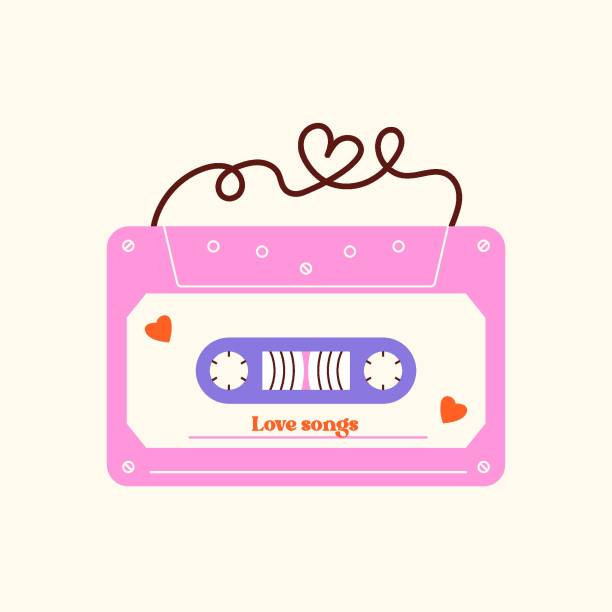 Cassette tape. Love mix tape, vintage analog music record, retro hipster compact audio equipment with heart shaped sound wave. Vector flat illustration Cassette tape. Love mix tape, vintage analog music record, retro hipster compact audio equipment with heart shaped sound wave. Vector flat illustration. mix tape heart stock illustrations