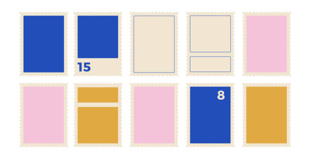 ilustrações de stock, clip art, desenhos animados e ícones de postage stamps set. blank empty mail postcard pack. vector hand drawn flat collection illustration isolated on white background. perforated paper mark templates - selo postal