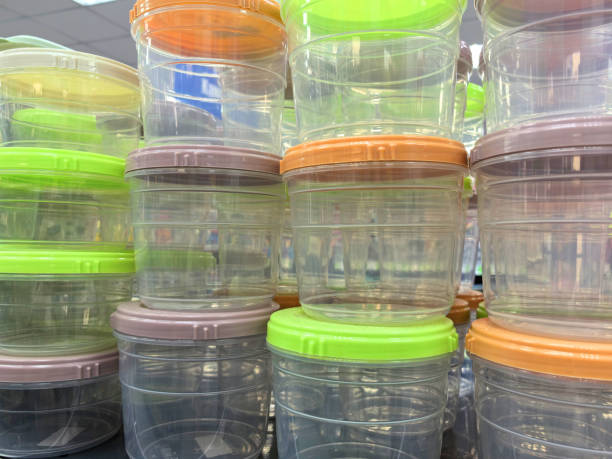istock Colorful Plastic Containers Stacked Neatly in a Store Aisle 2198571887