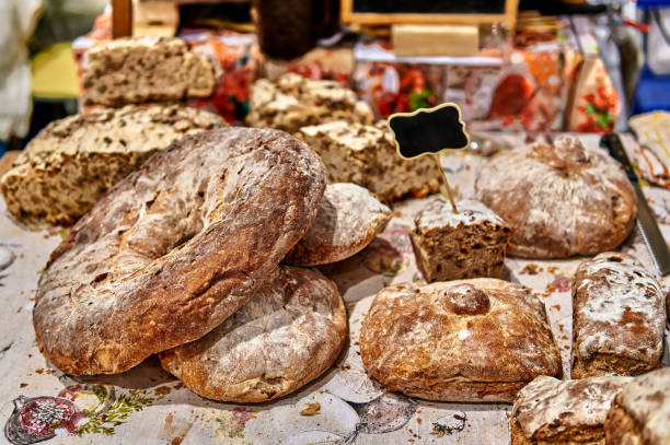 istock Rustic artisan bread displayed at a local market 2198573411