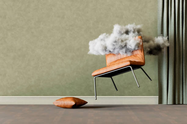 A digitally generated image featuring a vintage-style room with furniture floating inside a soft cloud, symbolizing a dreamlike and surreal atmosphere. This artistic design represents themes of imagination, nostalgia, and creativity, making it ideal for conceptual art, interior design, and fantasy-themed projects.