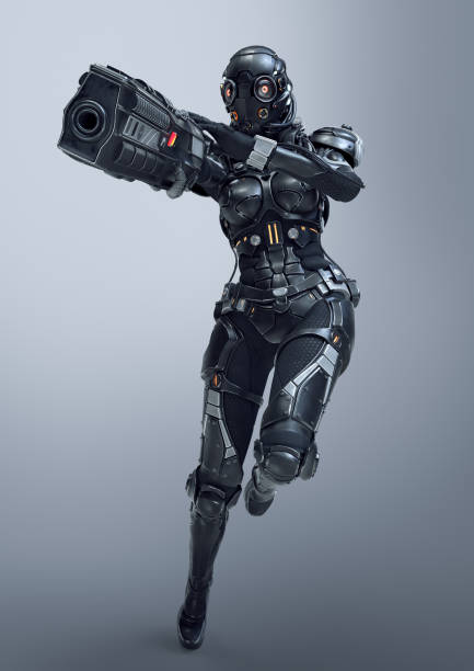 istock 3d render science fiction cyborg female jumping and shooting with gun. 2198579162
