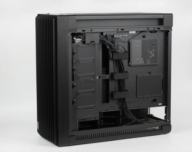 istock Side view of  PC case, chassis without  right  metal panel.  Chassis supports up to four HDDs or up to eight SATA SSDs. 2198579257