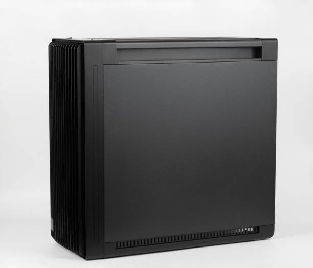 istock Side view of empty  big tower, PC case, chassis, 15.5 mm front panel grille with 45% porosity for maximum air intake. Studio shoot on white background. 2198579317