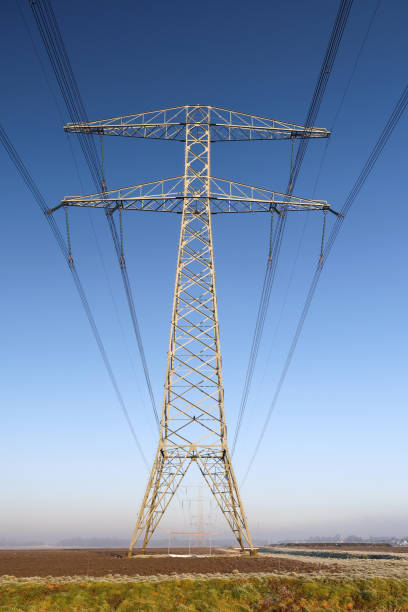Steel pylons with high-voltage cables through Eendrachtspolder in Zevenhuizen in the Netherlands