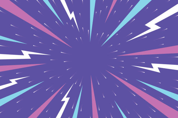 Manga anime action frame lines. Abstract explosive template with speed lines on purple background. Motion radial lines. Flash explosion radial lines Vector illustration.