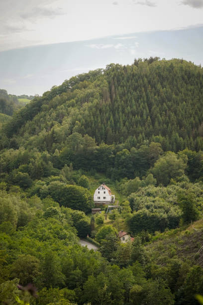 istock Green forest hill slope with white house 2198585842