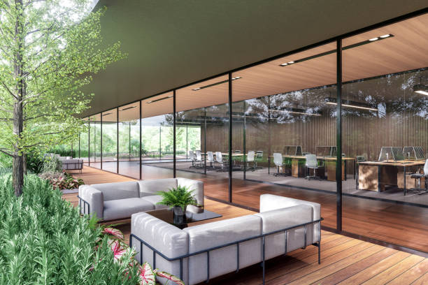 Modern contemporary wooden office terrace outdoor 3d render, There are wooden floor large transparent windows overlooking workplace inside