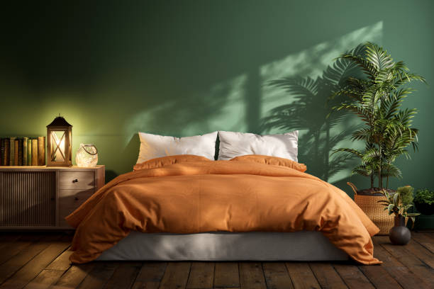 istock Modern contemporary style green wall bedroom interior with orange blanket 3d render 2198588154