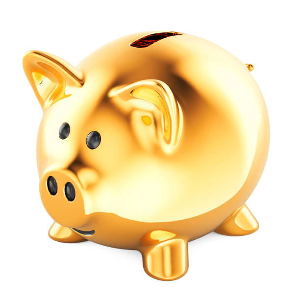 A hand places a coin into a bright yellow piggy bank, symbolizing saving money, finance, and investment. Isolated on a white background with copy space for financial concepts.