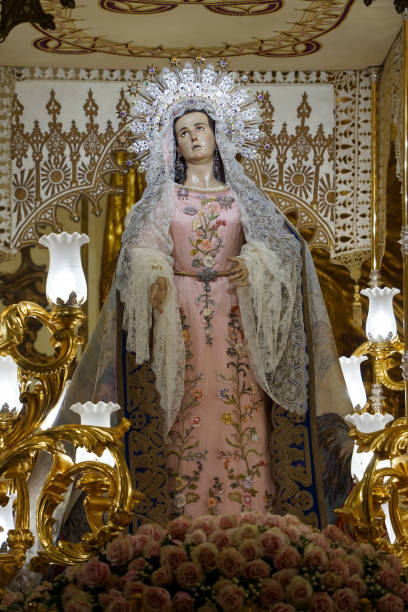 Polychrome wood carving of the Virgin of Sorrows in procession during Holy Week in Valladolid, Spain.