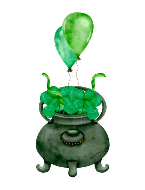 A playful cauldron overflowing with clovers and topped with green balloons, perfect for St. Patricks Day. Isolated watercolor clip art on a white background for various design and printing.