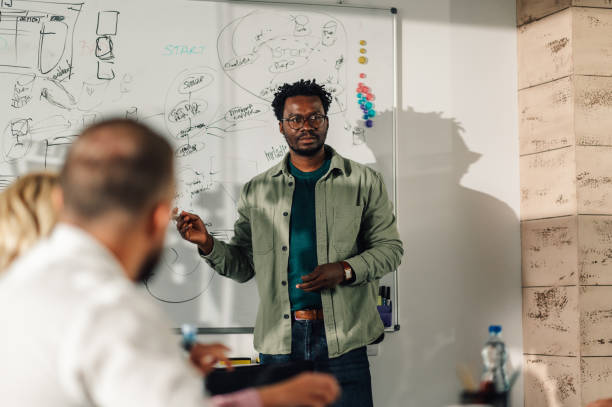 istock Confident male project manager leading a presentation with whiteboard charts and diagrams 2198602331