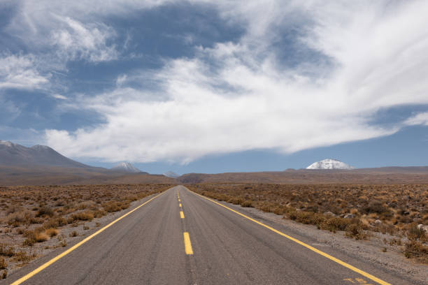 istock Long Desert Highway Leading to Snow-Capped Mountains 2198604761