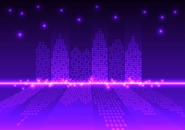 istock Digital  technology city background. City town company cyberpunk concept. Design for office, city, town, company, connection, telecoms, digital, internet, online, network, retro, 90s. 2198619215
