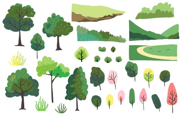 ilustrações, clipart, desenhos animados e ícones de grama, árvore e montanha paisagem elemento objeto para a primavera - árvore