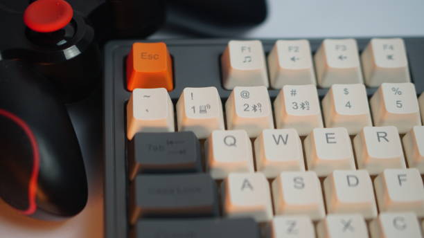 istock Mechanical Keyboard and Black Gamepad.  Low violet light. The concept of computer games, entertainment, gaming, leisure. Close view. 2198620620