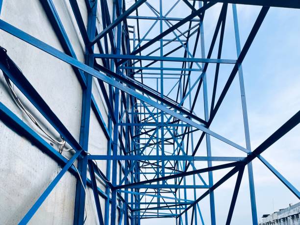 istock Geometric Steel Structure with Blue Metal Framework Against Sky 2198620989