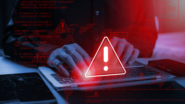 system warning: hacked alert! cyberattack on computer network. cybersecurity vulnerability, data breach, illegal connection, compromised information. malicious software, virus, and cybercrime. - dataintrång bildbanksfoton och bilder